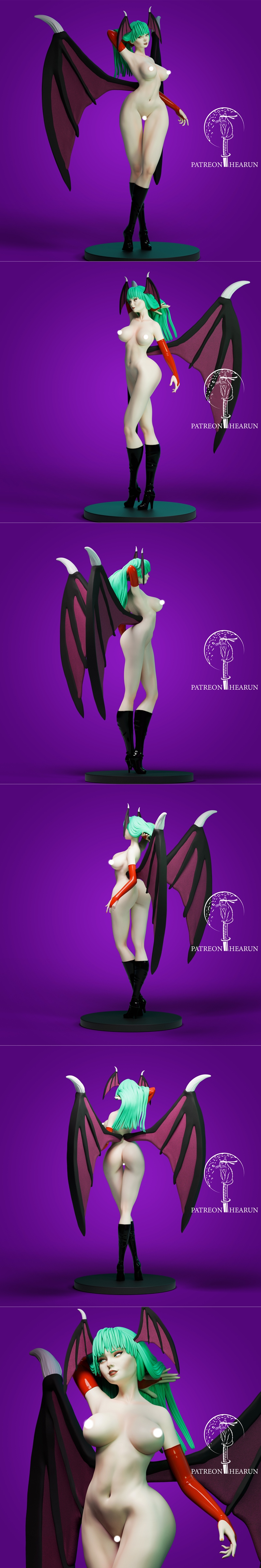 Morrigan Aensland 3D model figure with green hair, large black and purple bat wings, red armbands, and black boots. T...