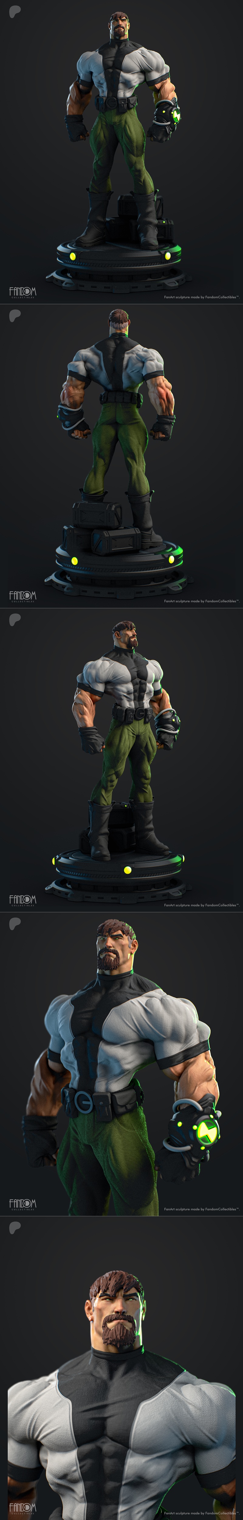 Ben 10000, a muscular man with a beard, wearing a black and white shirt and green pants, with the Omnitrix on his wri...