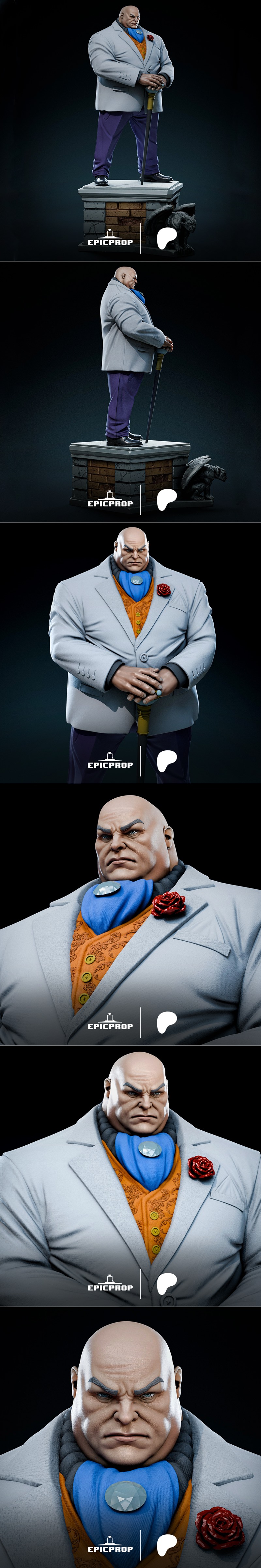 3D model figure of Kingpin in a white suit and purple pants, holding a cane, standing on a gargoyle-adorned base.