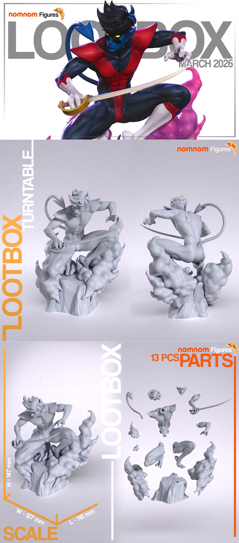 Nightcrawler from X-Men in a dynamic pose, wielding a sword, with blue skin, red and black costume, and swirling purp...