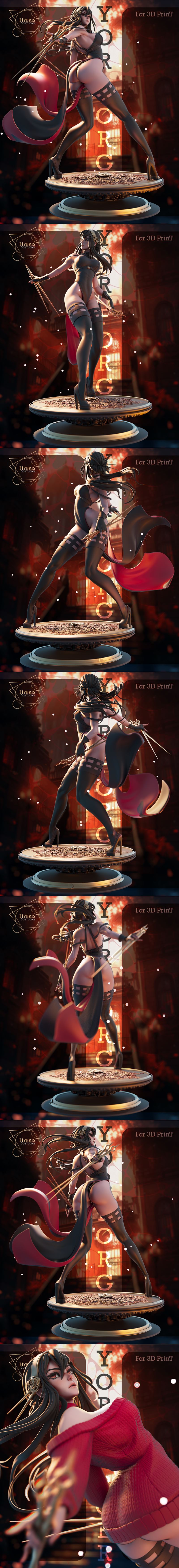 Yor Forger 3D model from Spy x Family by Hybris Studios, wearing a revealing black dress and holding a sword, in a dy...