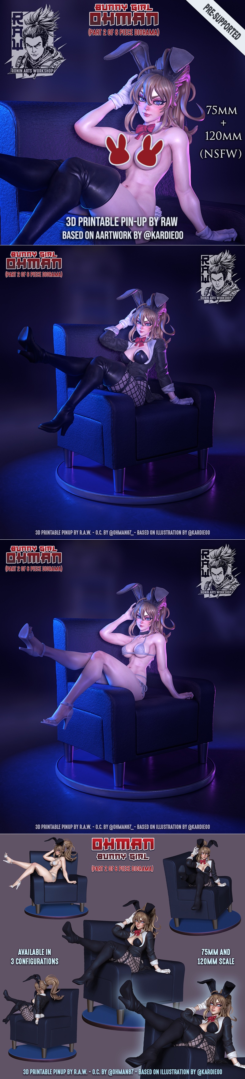 Bunny Girl Ohman in a seductive pose, wearing a bunny-themed outfit with a red bow and thigh-high stockings.