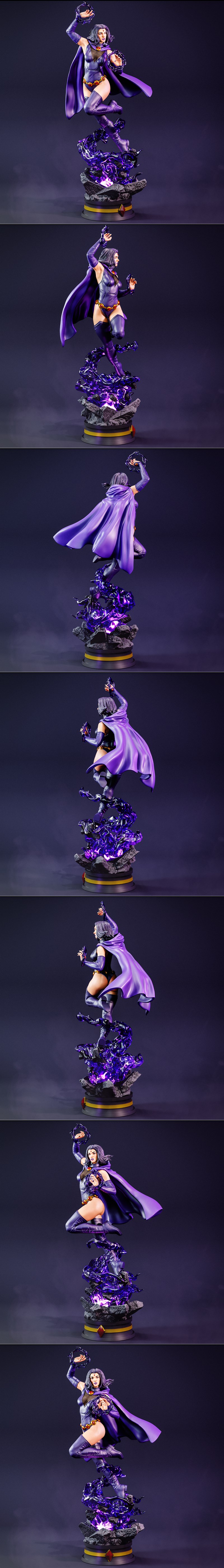 Raven 3D model figure in dynamic pose, wearing purple costume with cape and boots, holding dark energy orbs, on a roc...