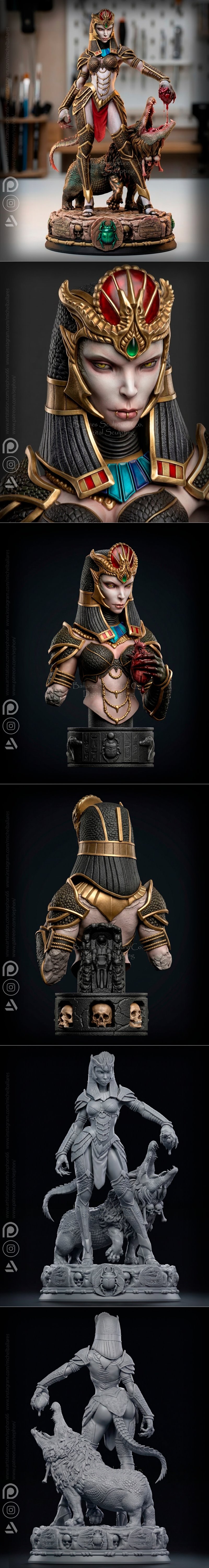 3D model of Sobek, an Egyptian goddess in golden armor, standing with a crocodile holding a heart. Includes a separat...