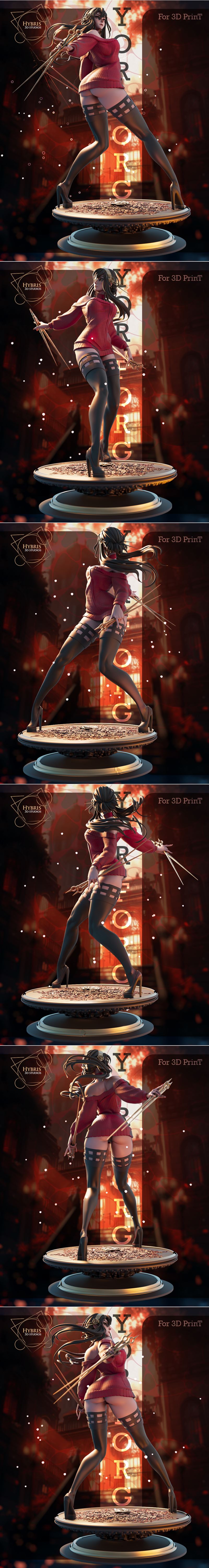 Yor Forger 3D model from Spy x Family by Hybris Studios, wearing a revealing black dress and holding a sword, in a dy...