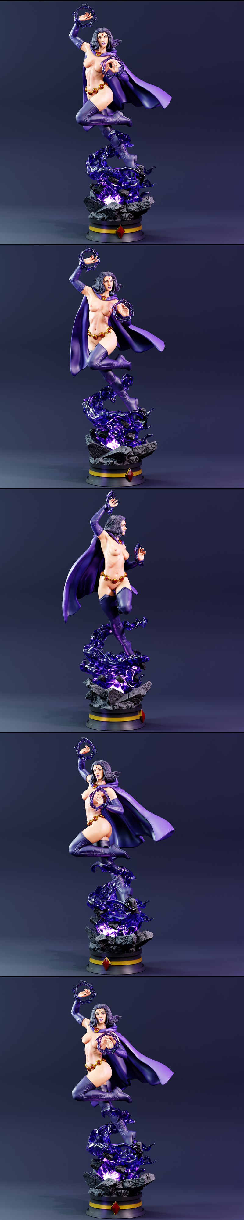 Raven 3D model figure in dynamic pose, wearing purple costume with cape and boots, holding dark energy orbs, on a roc...