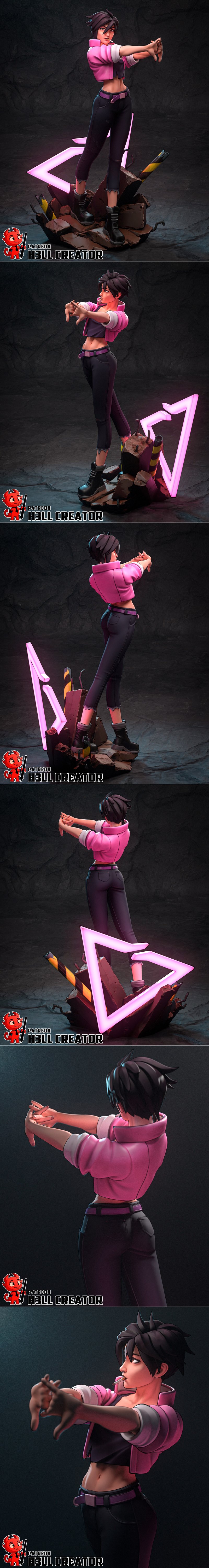 3D model of Invisigal, a female character with short dark hair, wearing a pink cropped jacket, dark top, and black pa...