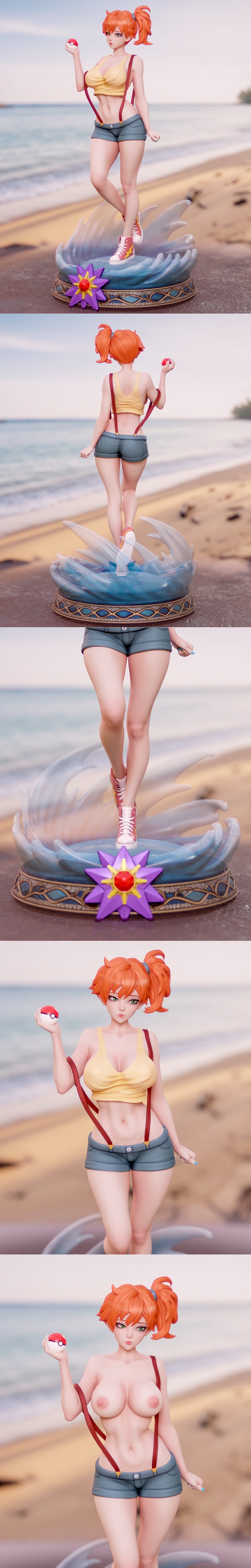3D model of Misty from Pokemon, wearing a yellow crop top and denim shorts, holding a Pokeball, standing on a water s...