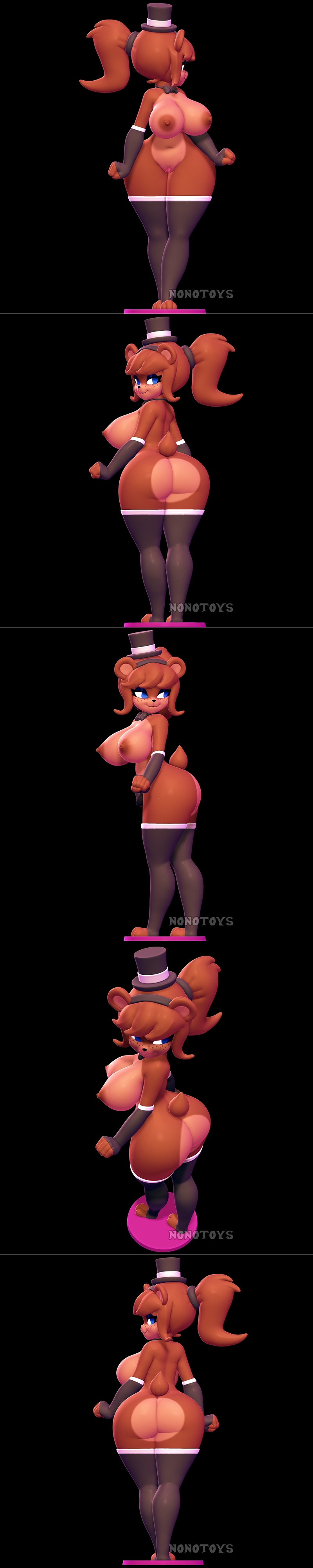 3D model of Frenni, a stylized female bear character from FNaF, wearing a revealing outfit and a top hat, posed provo...