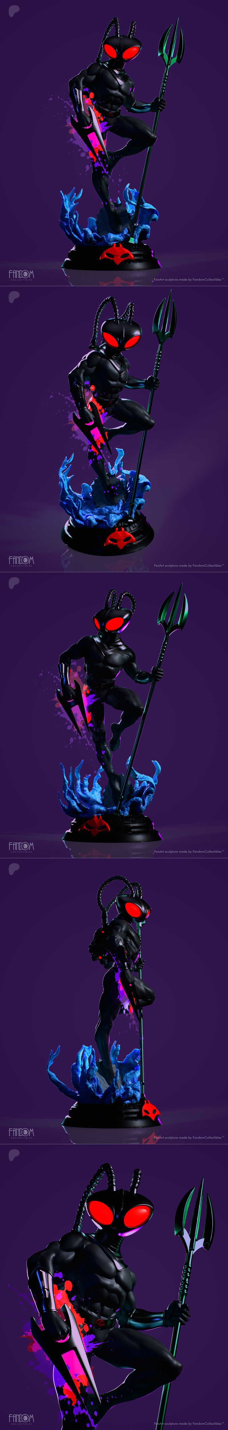 Black Manta figure with red-eyed helmet, holding a trident and blade, wearing black armor. Fandom Collectibles 3D model.