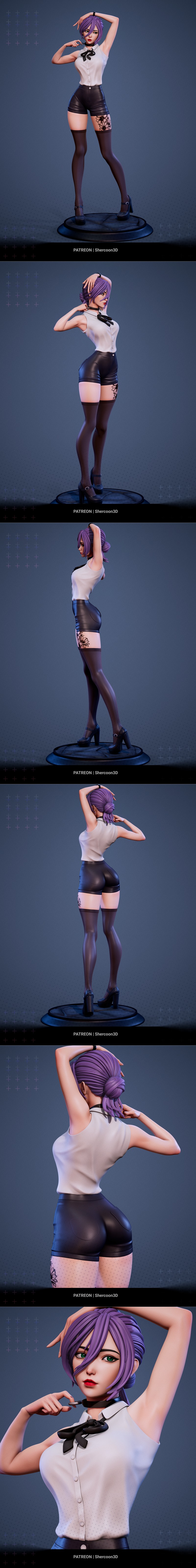 3D model of Reze from Chainsaw Man, wearing a white sleeveless shirt and black leather shorts, with purple hair and a...