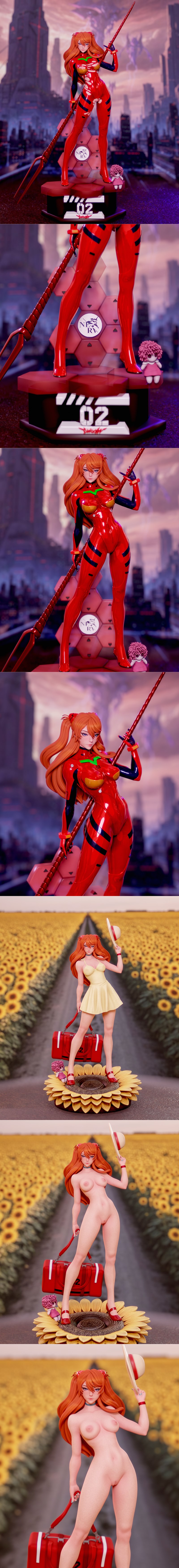 3D model of Asuka Evangelion in a red plugsuit holding a spear, standing on a hexagonal base with '02' designation an...