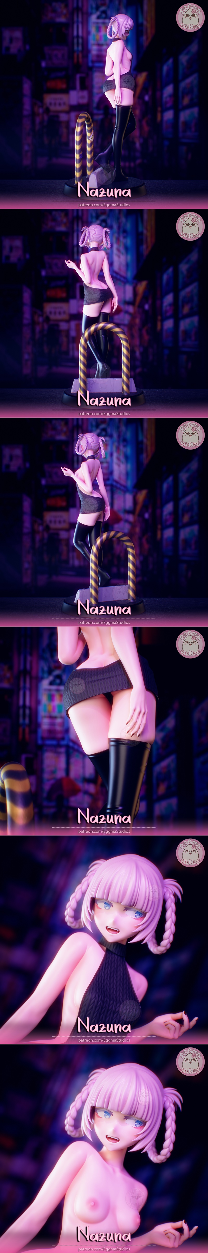 Anime-style figure of Nazuna by Eggma Studios, wearing a short black knit dress and thigh-high boots, with purple bra...