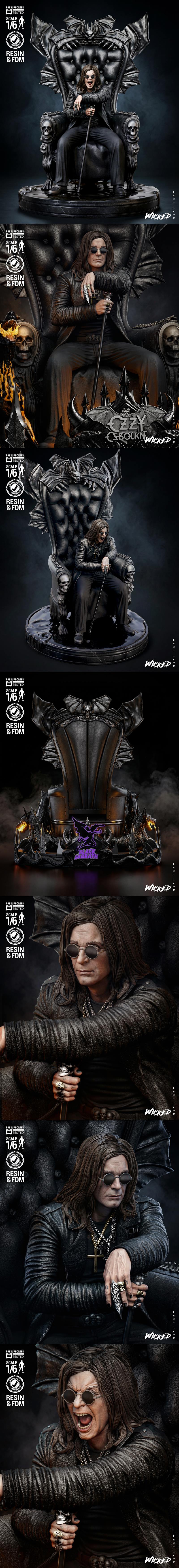 Ozzy Osbourne seated on a dark, gothic throne with demonic figures and flames, 3D print model.