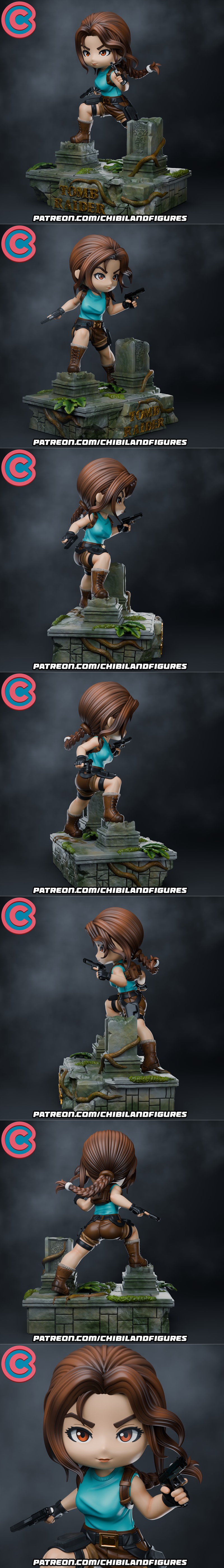 Chibi Lara Croft figure in action pose with two pistols, standing on a ruin base with "TOMB RAIDER" logo. S...