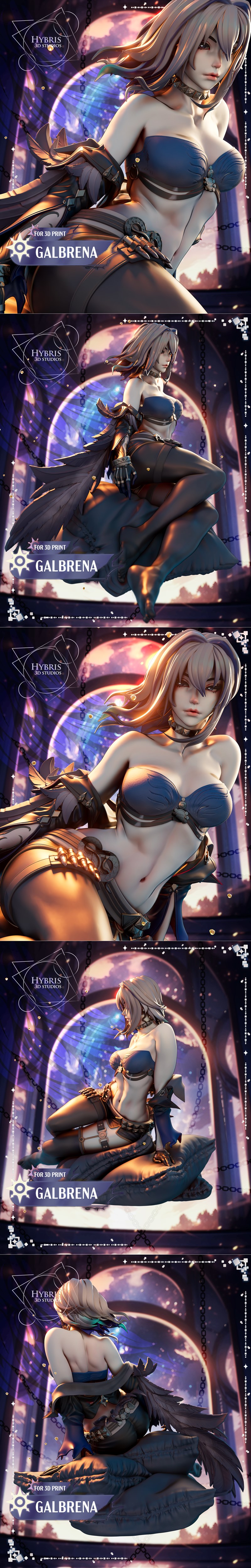 Galbrena figure by Hybris 3D Studios, seated provocatively on a dark cushion, wearing a blue bikini top, dark shorts,...