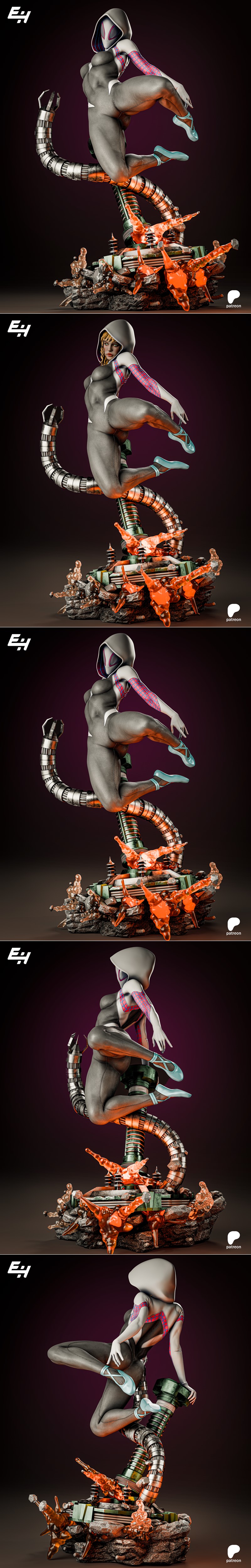 Spider-Gwen figure in a dynamic pose, wearing a hooded suit with black, white, and pink web patterns. Detailed mechan...