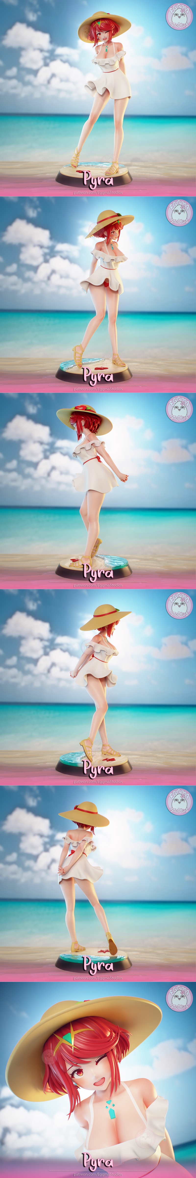 Eggma Studios Pyra 3D model figure on a beach base, wearing a white sundress and optional straw hat, with a tropical...