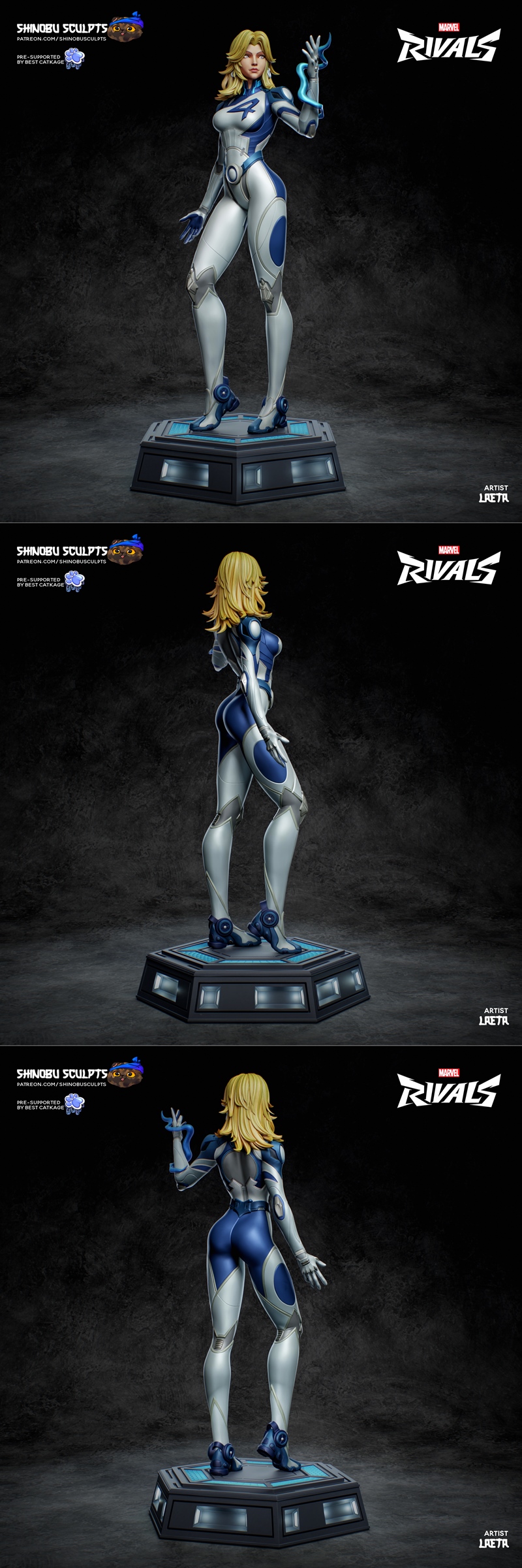 Invisible Woman in a futuristic suit with electric-themed elements, posed heroically in Marvel Rivals by Shinobu Scul...