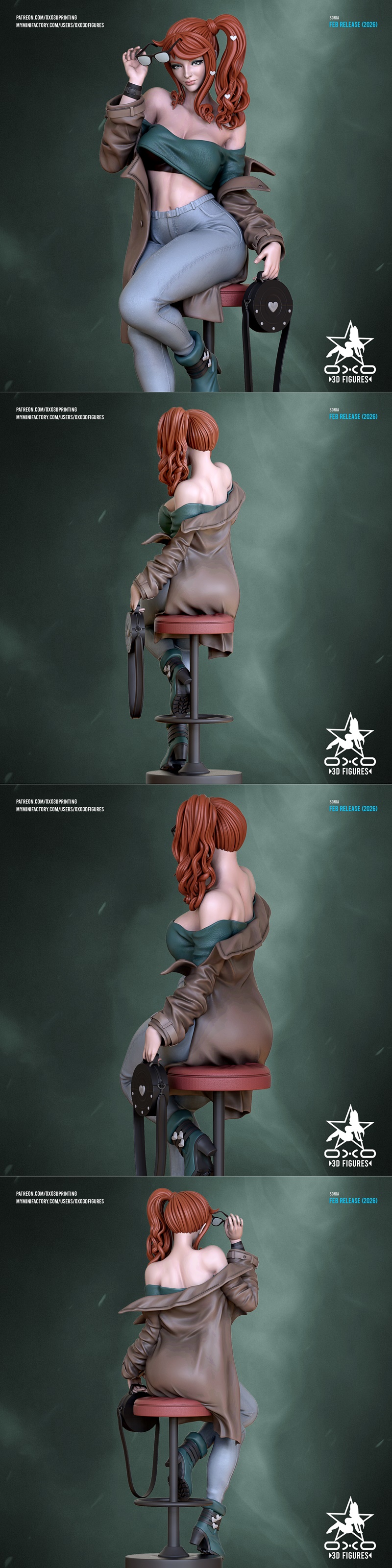 3D model of Sonia, an original character, seated on a stool, holding glasses and a handbag. She wears jeans, a crop t...