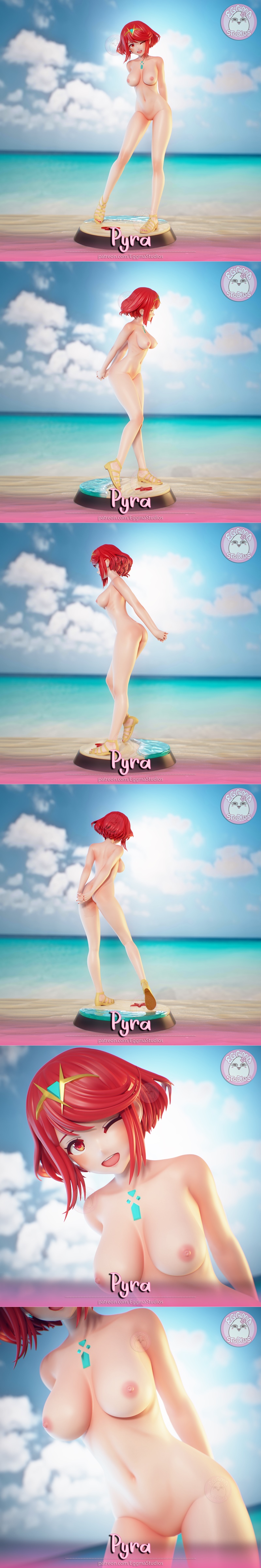 Eggma Studios Pyra 3D model figure on a beach base, wearing a white sundress and optional straw hat, with a tropical...