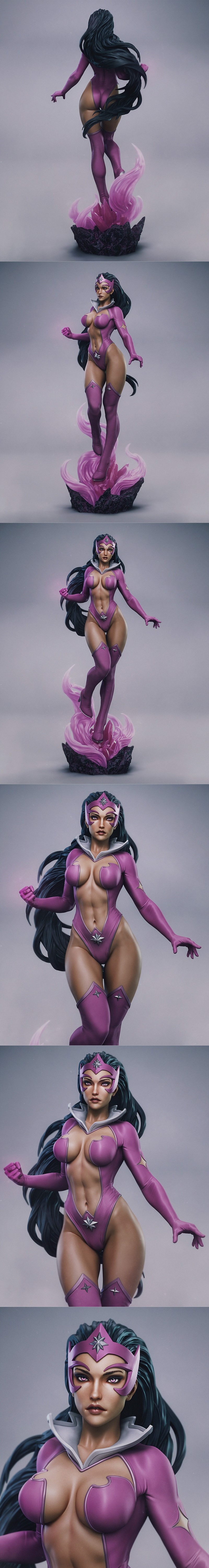 Star Sapphire 3D model by Abe3D, standing heroically on a purple energy and crystal base, wearing a purple bodysuit a...