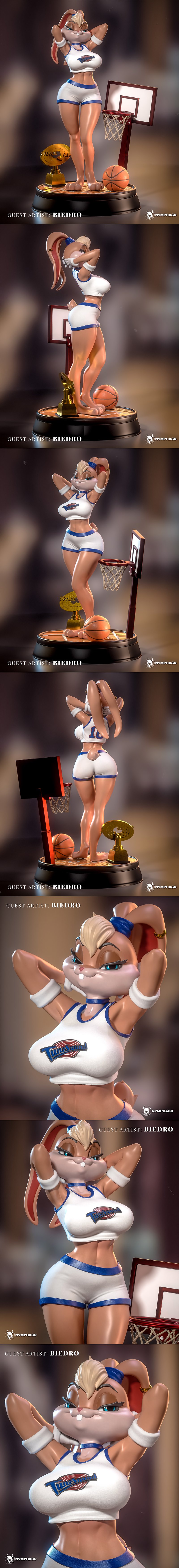 Sporty 3D print model of Lola Bunny from Looney Tunes, standing with a basketball and trophy.