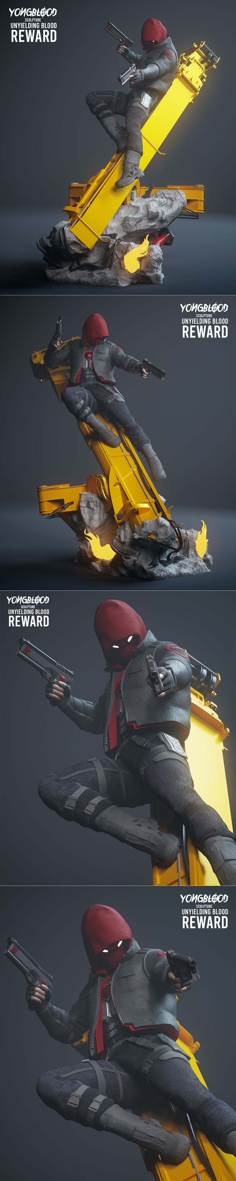 Red Hood 2 in a heroic stance, holding a gun, wearing a hooded outfit and combat gear.