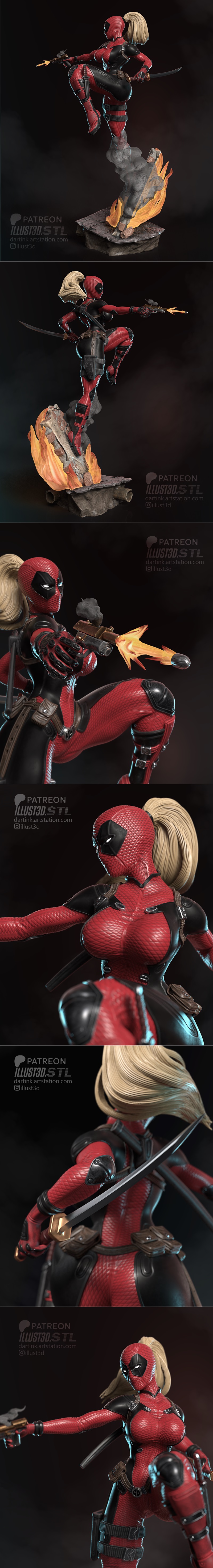 3D model of Lady Deadpool in a red suit, firing a pistol, standing on a base with fire and smoke effects.