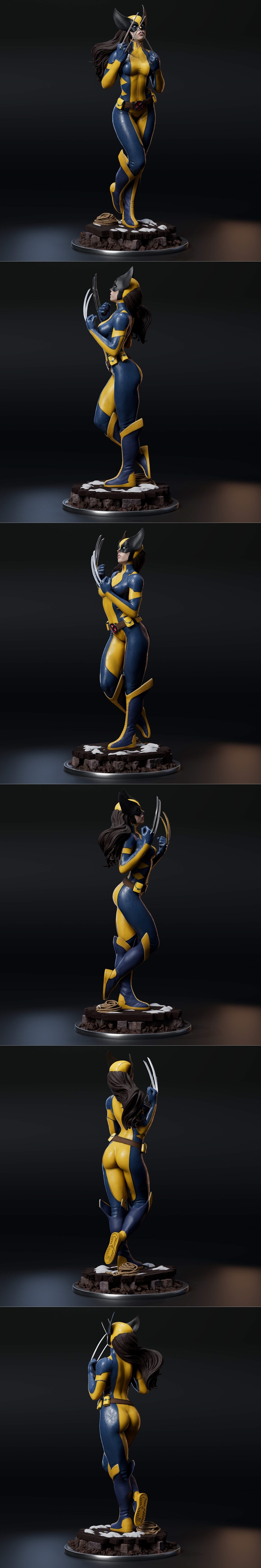 3D model of Laura Kinney Wolverine in yellow and blue suit, extending adamantium claws, standing on a detailed base.