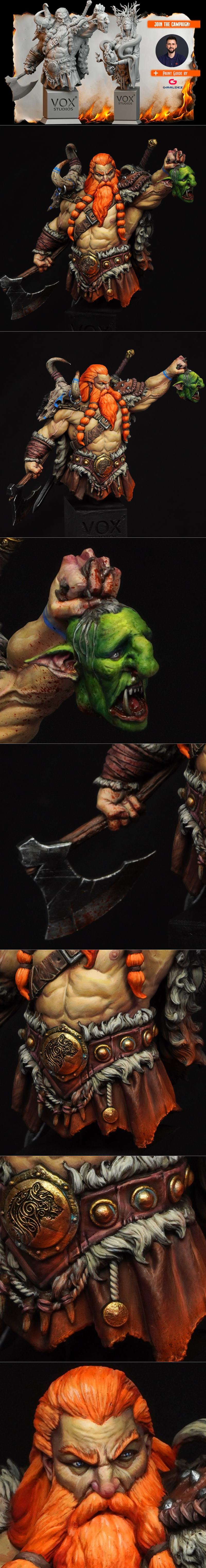 Two 3D printed busts: a male barbarian with an axe and skulls, and a female sorceress with snakes and elaborate headd...