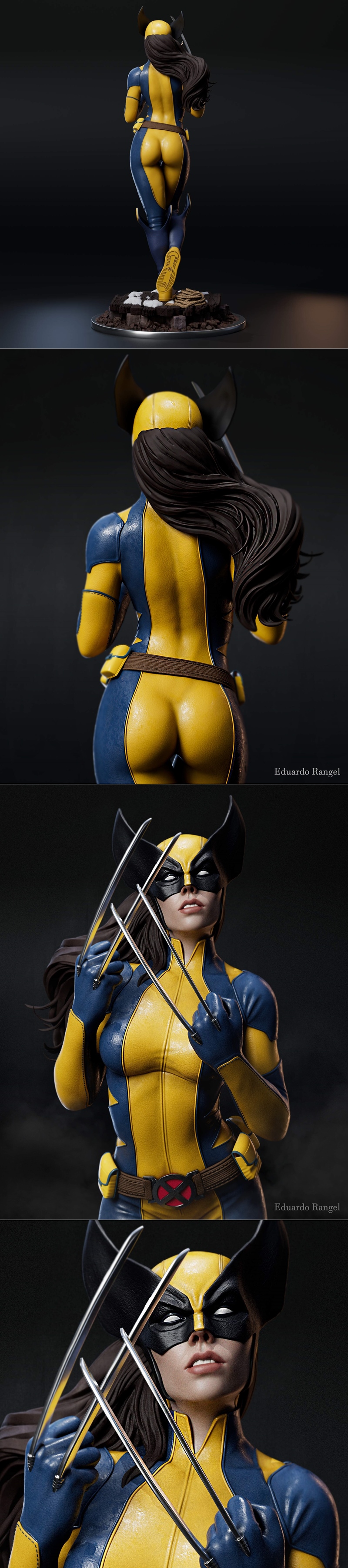 3D model of Laura Kinney Wolverine in yellow and blue suit, extending adamantium claws, standing on a detailed base.