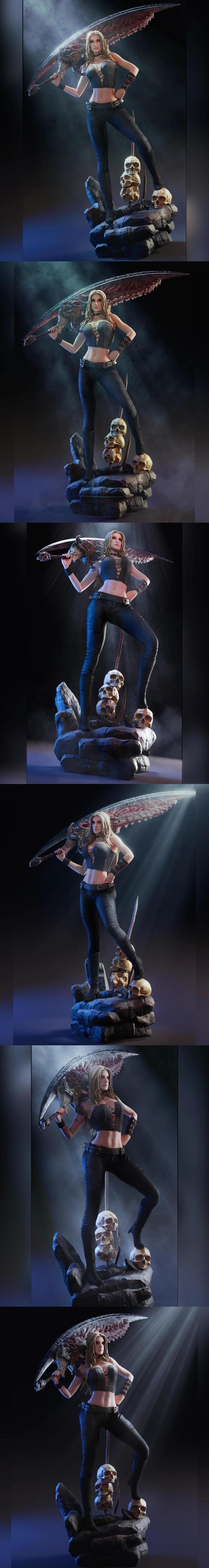 Trish from Devil May Cry, a female figure in a corset and pants, holding a large sword, standing on a base of skulls....