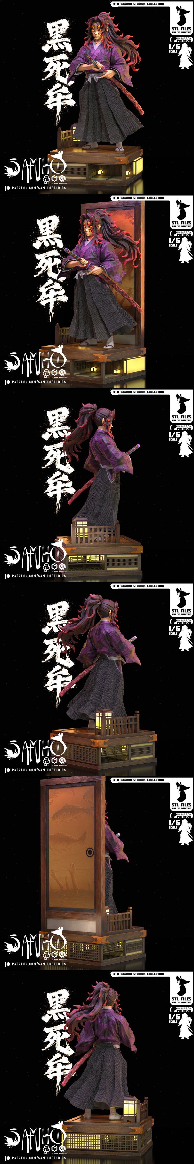 Kokushibo 3D print figure from Demon Slayer, wearing a purple kimono and dark hakama, holding a sword, with six eyes...