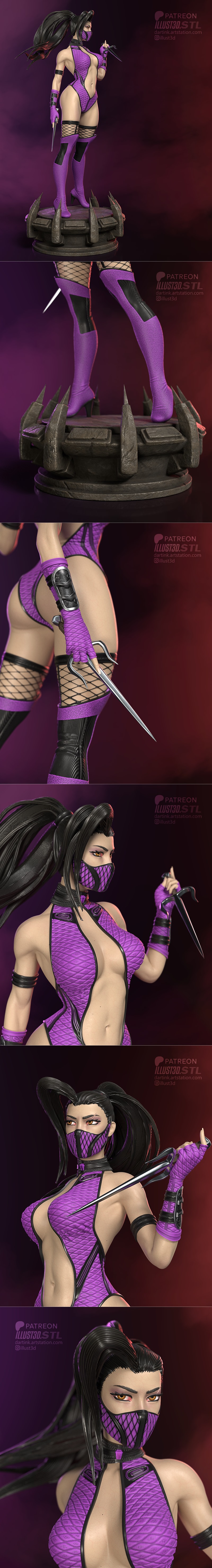 Mileena from Mortal Kombat, 1/6 scale 3D print model by illust3d. She wears a purple leotard and mask, holding two da...