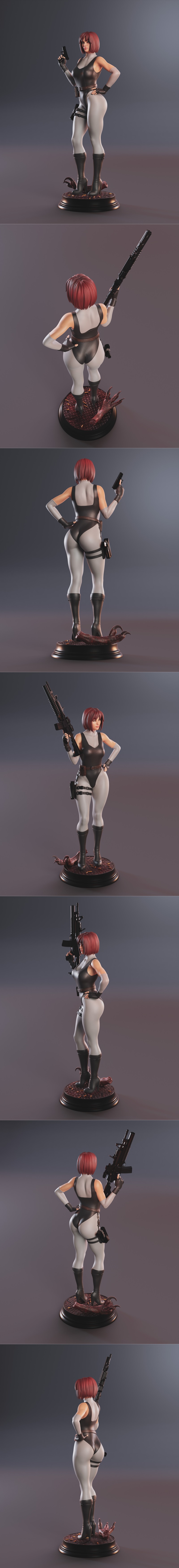 Abe3D Regina 3D model figure, a woman with short red hair wearing a dark bodysuit, thigh holsters, and high-heeled bo...