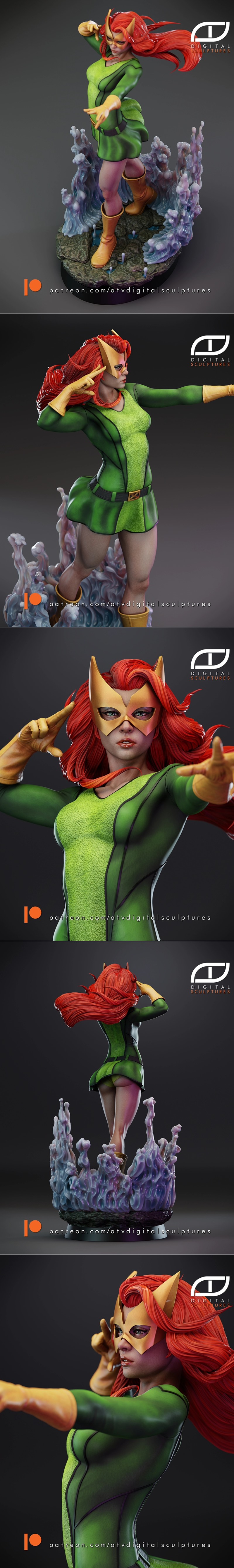 Jean Grey in Marvel Girl costume, wearing a yellow mask and green bodysuit, with hands outstretched and red hair flow...