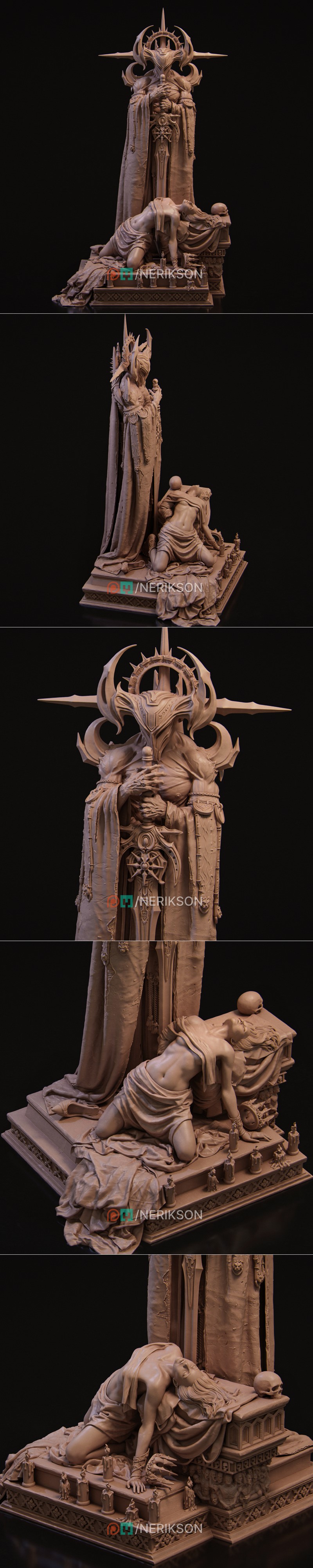 Towering demonic figure in spiked armor and cloak holding a sword, with a large moon behind. A draped female figure l...