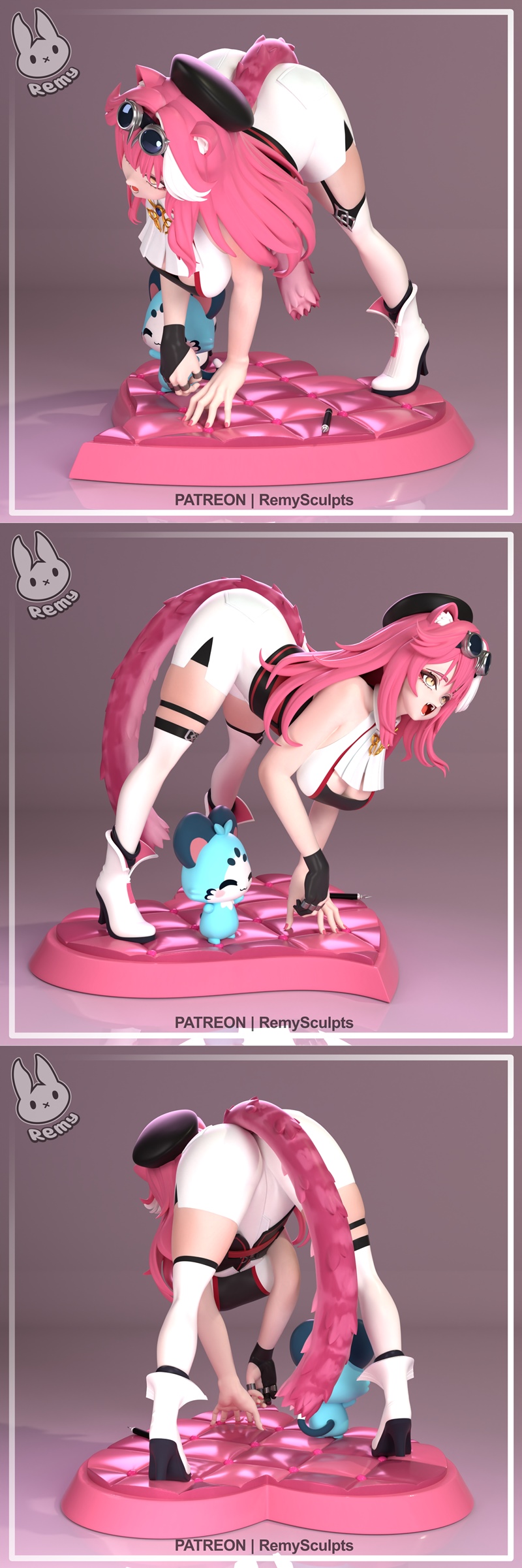Raora, a pink-haired anime-style character with cat ears and tail, crouches on a pink heart base next to a blue creat...