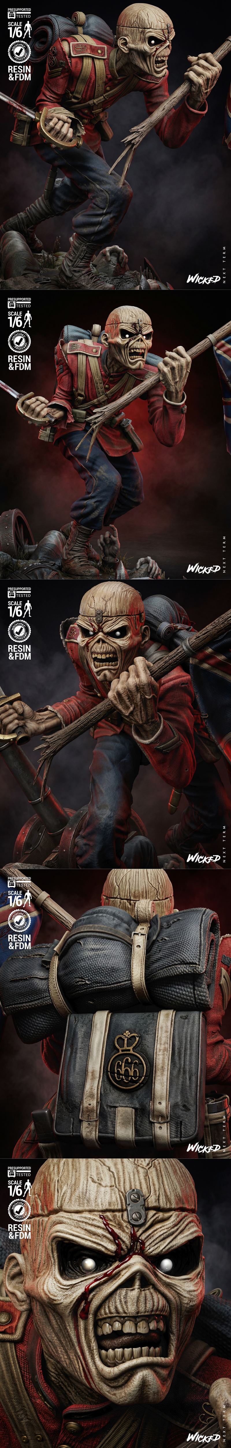Iron Maiden warrior in power armor with a polearm, holding a British flag, standing over a defeated enemy.