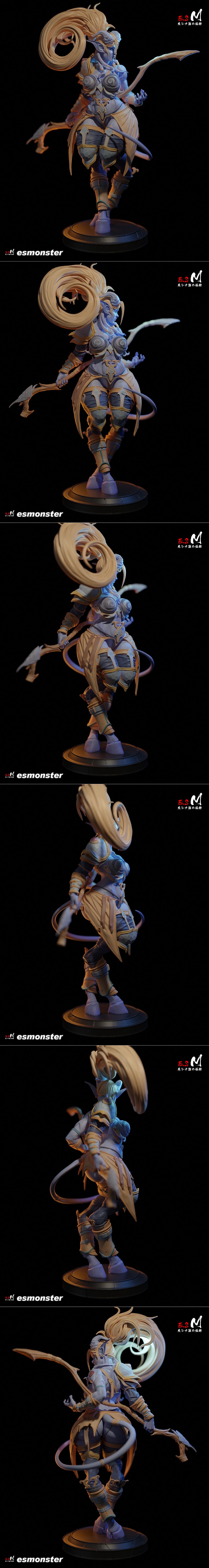 Female Draenei character 3D model, blue skin, horns, blonde ponytail, holding a bow, wearing ornate armor and loinclo...