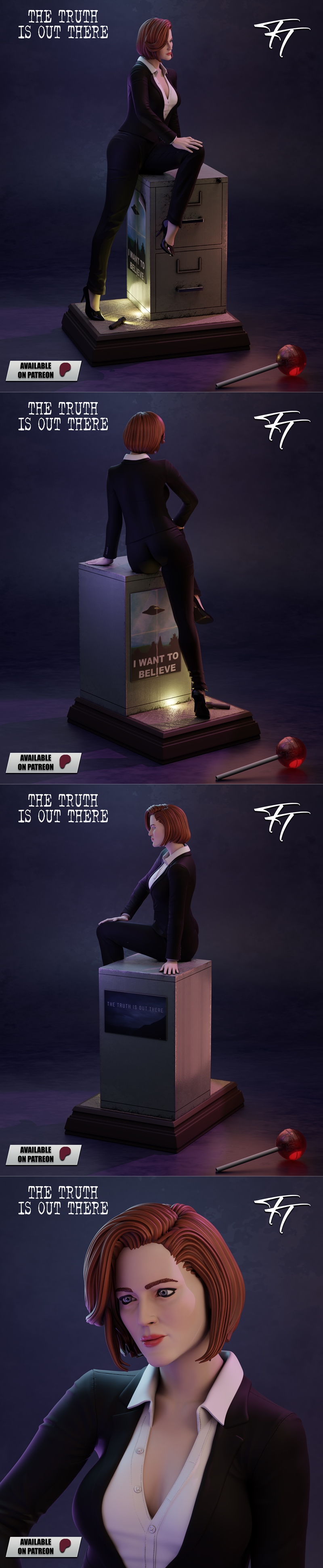 Dana Scully 3D model figure sitting on a filing cabinet, wearing a black suit and white blouse. 'The Truth Is Out The...