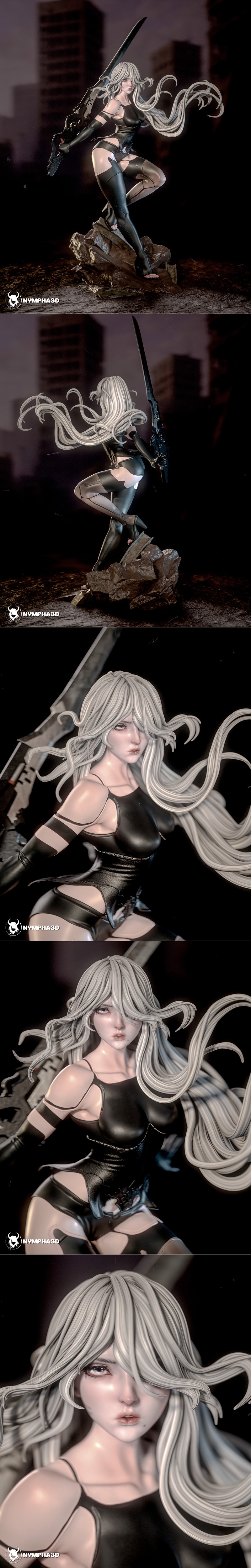 A2 from Nier Automata 3D model figure, standing on rocks, holding a sword, wearing a black combat outfit with long wh...