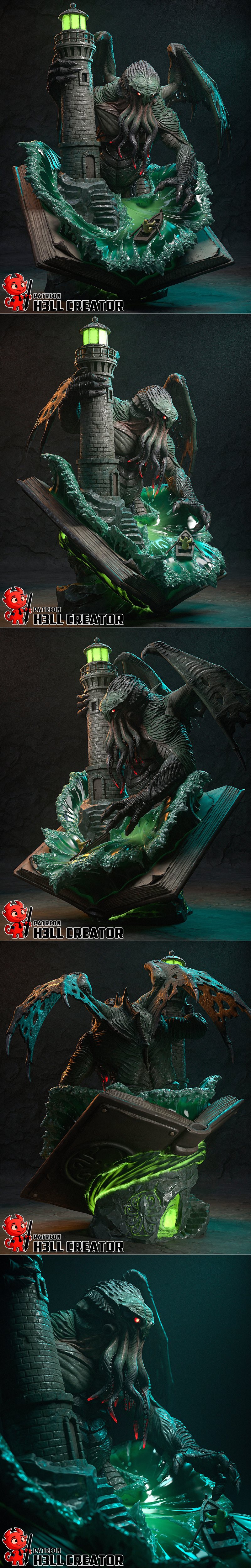 Cthulhu figure with glowing red eyes and green tentacles, standing near a dark tower with wings spread, surrounded by...