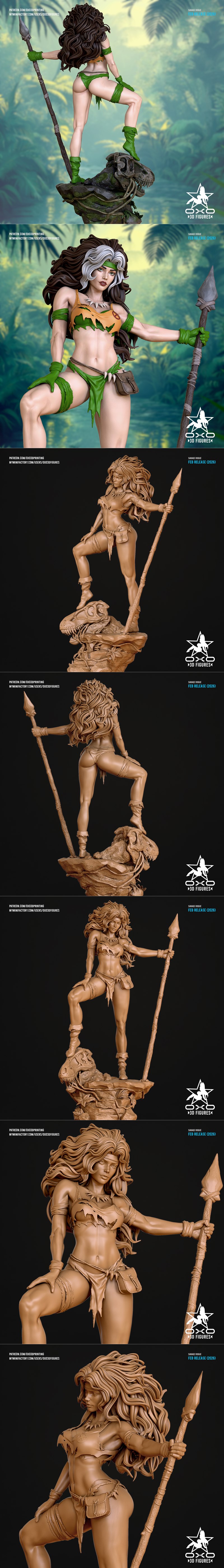 Savage Rogue 3D model figure in tribal jungle attire, holding a spear and standing on a dinosaur skull base. By OXO3D...