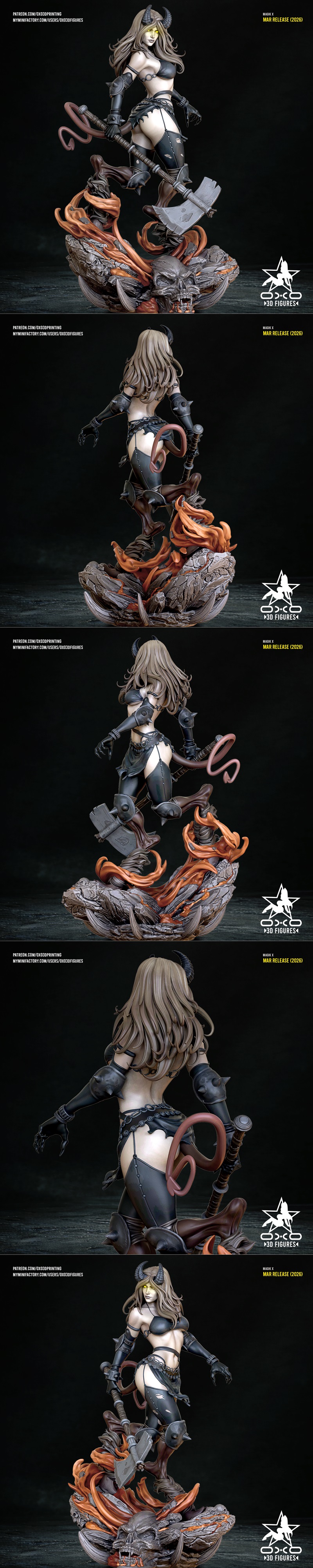 Demonic female figure 'Magik X Infernus' by OXO3D Figures, wearing revealing dark armor, spiked pauldrons, and thigh-...