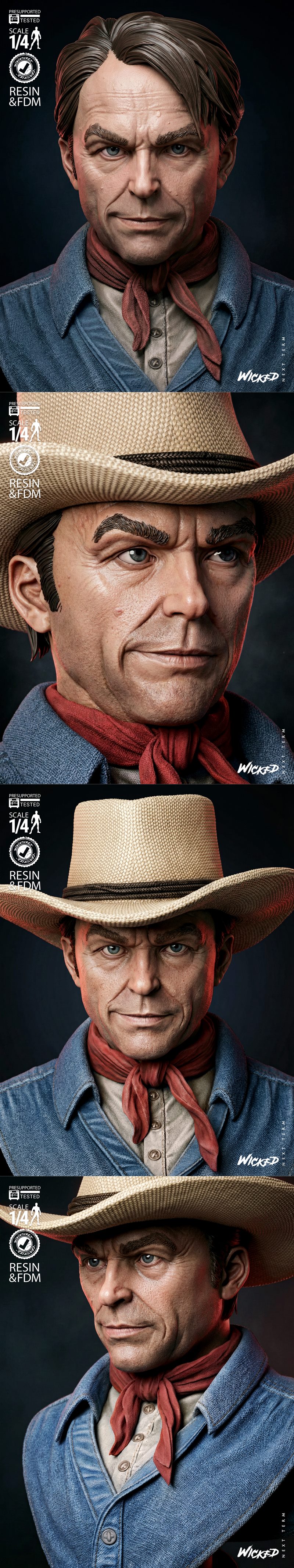 Realistic 3D printable bust of Alan Grant from Jurassic Park, wearing a straw hat, red scarf, and denim shirt. The ba...
