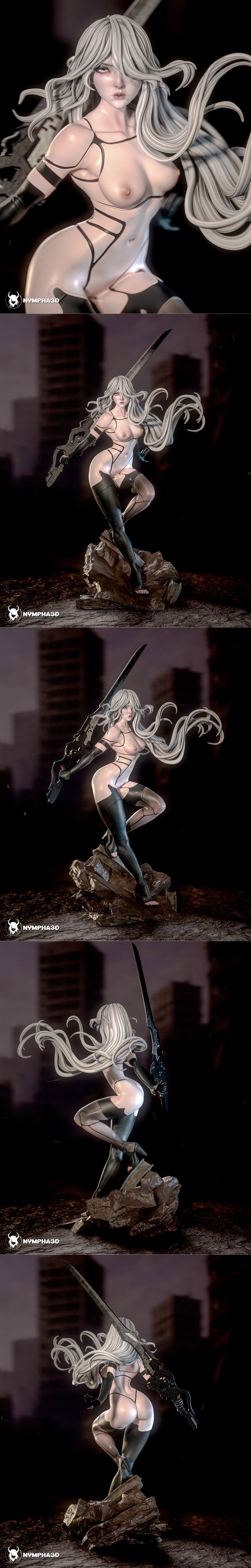A2 from Nier Automata 3D model figure, standing on rocks, holding a sword, wearing a black combat outfit with long wh...