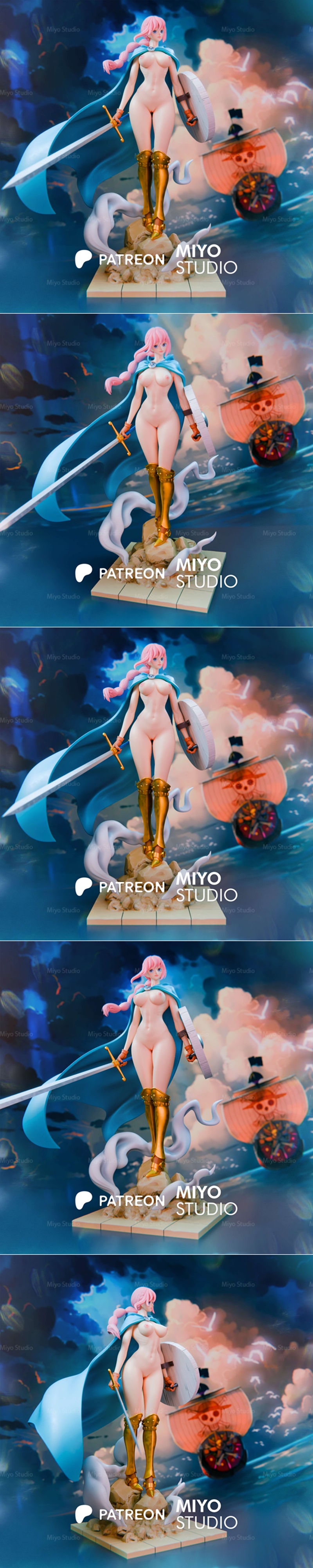 Rebecca from One Piece in a heroic pose, wielding a sword and shield, clad in a bikini and armor.