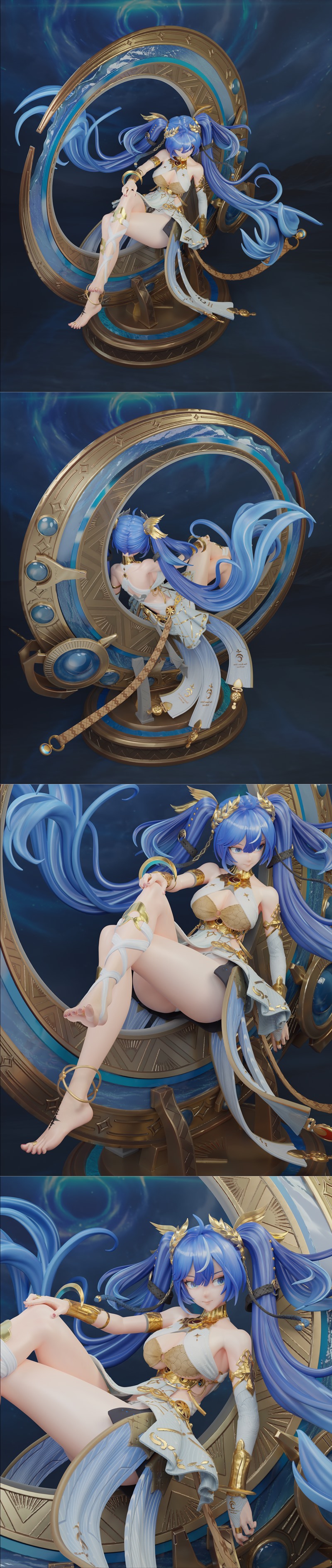 3D model of Wuthering Waves Luno figure in a white and gold outfit, reclining on an ornate golden crescent moon base.